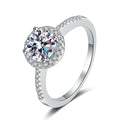 Round Moissanite Side Stone Ring with CZ in rhodium-plated S925 sterling silver on clean white background