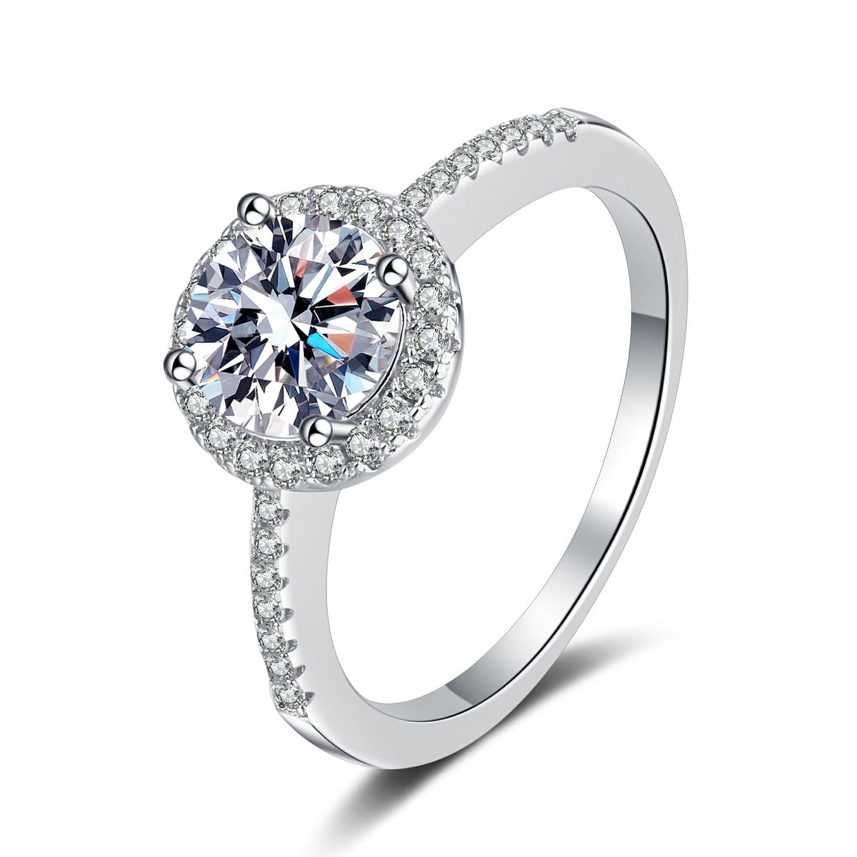 Round Moissanite Side Stone Ring with CZ in rhodium-plated S925 sterling silver on clean white background