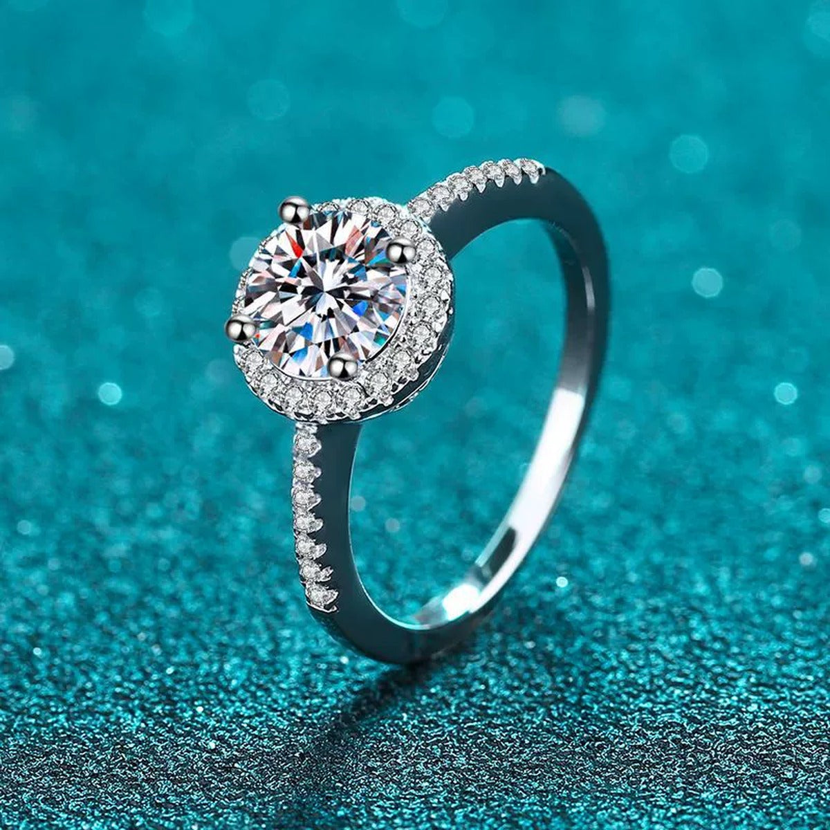 Round Moissanite Side Stone Ring with CZ product view showing moissanite setting and rhodium finish