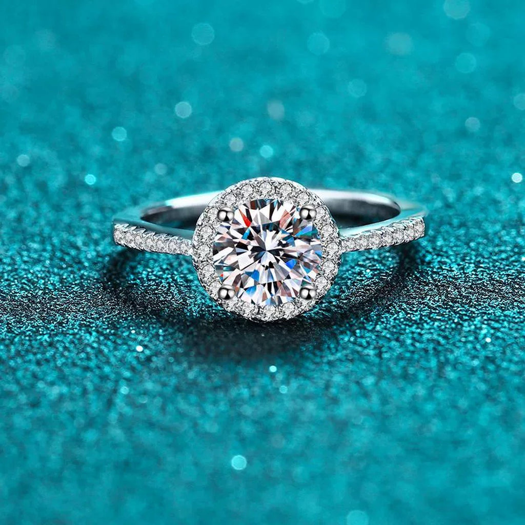 Round Moissanite Side Stone Ring with CZ product view showing moissanite setting and rhodium finish