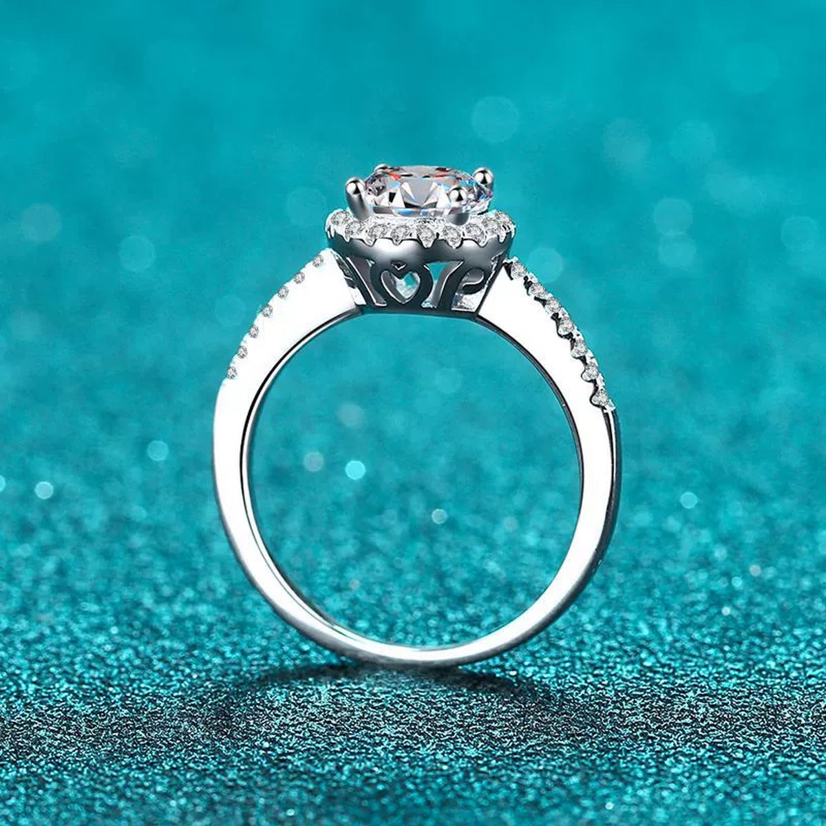 Round Moissanite Side Stone Ring with CZ product view showing moissanite setting and rhodium finish