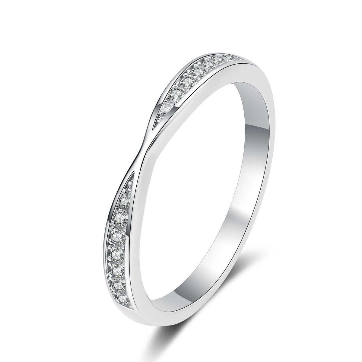 Round Moissanite Ring in rhodium-plated S925 sterling silver on clean white background