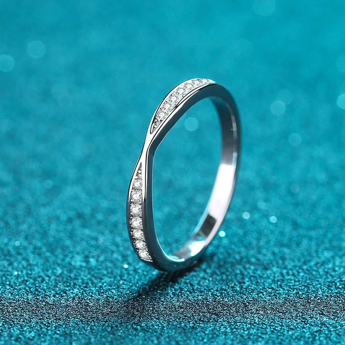 Round Moissanite Ring product view showing moissanite setting and rhodium finish
