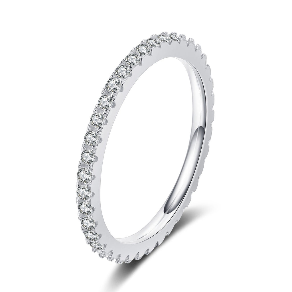 Slim Moissanite Eternity Band Ring in rhodium-plated S925 sterling silver on clean white background