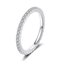 Slim Moissanite Eternity Band Ring in rhodium-plated S925 sterling silver on clean white background