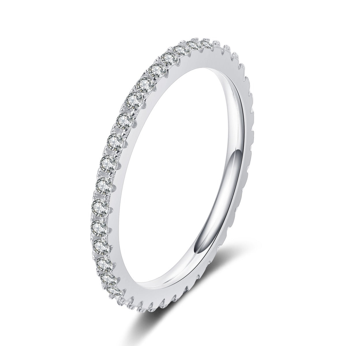 Slim Moissanite Eternity Band Ring in rhodium-plated S925 sterling silver on clean white background