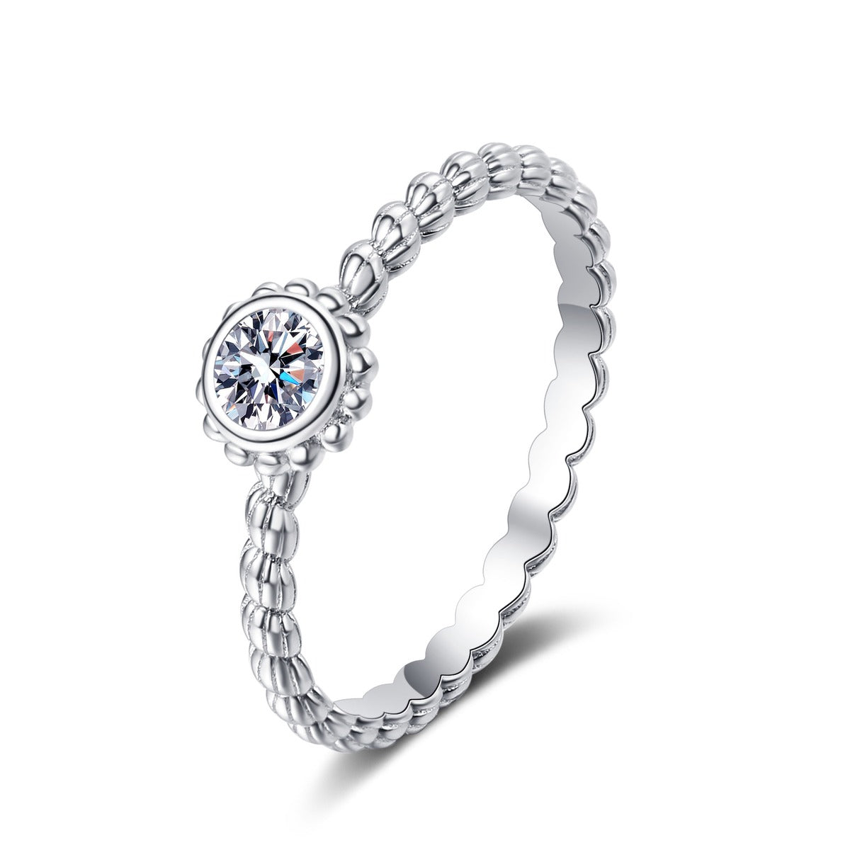 Bezel Moissanite Band Ring in rhodium-plated S925 sterling silver on clean white background