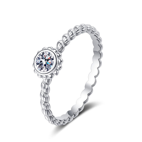 Bezel Moissanite Band Ring in rhodium-plated S925 sterling silver on clean white background