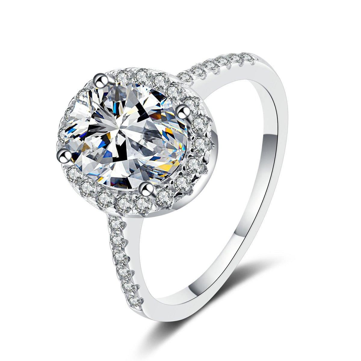Oval Moissanite Ring with CZ in rhodium-plated S925 sterling silver on clean white background