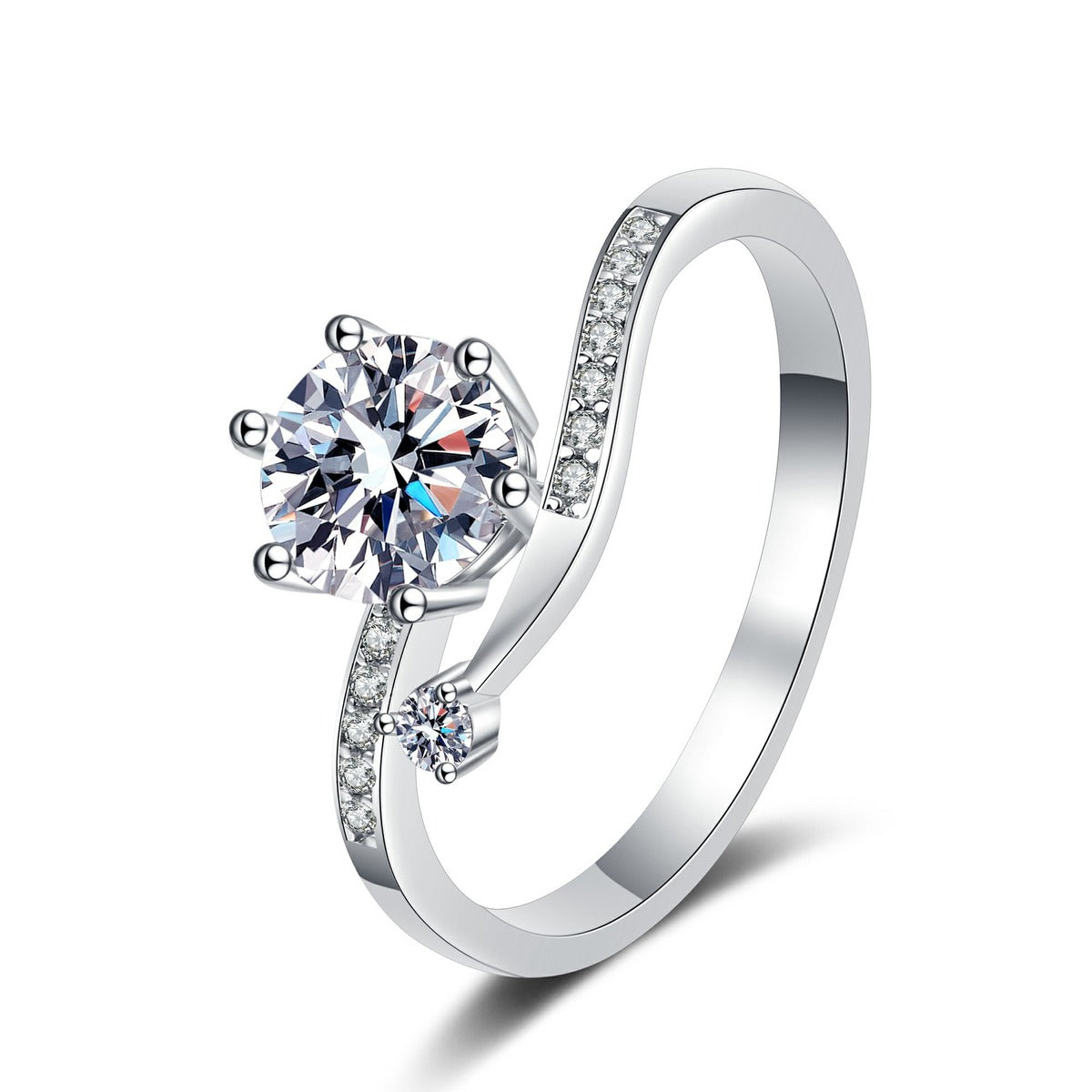 Round Moissanite Side Stone Ring with CZ in rhodium-plated S925 sterling silver on clean white background