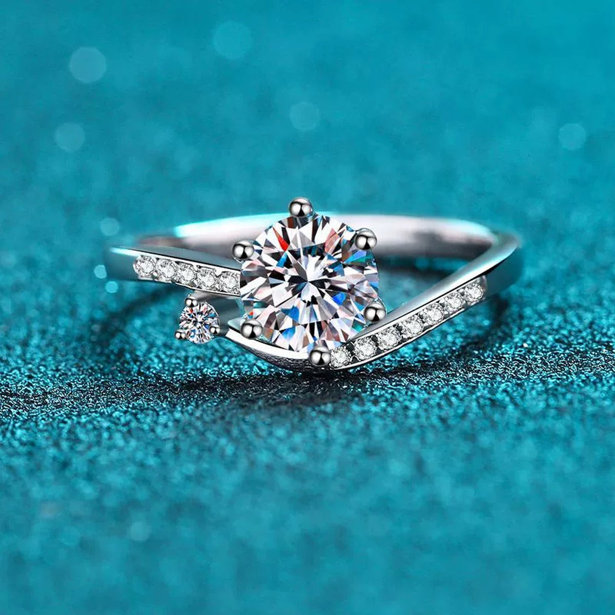 Round Moissanite Side Stone Ring with CZ product view showing moissanite setting and rhodium finish