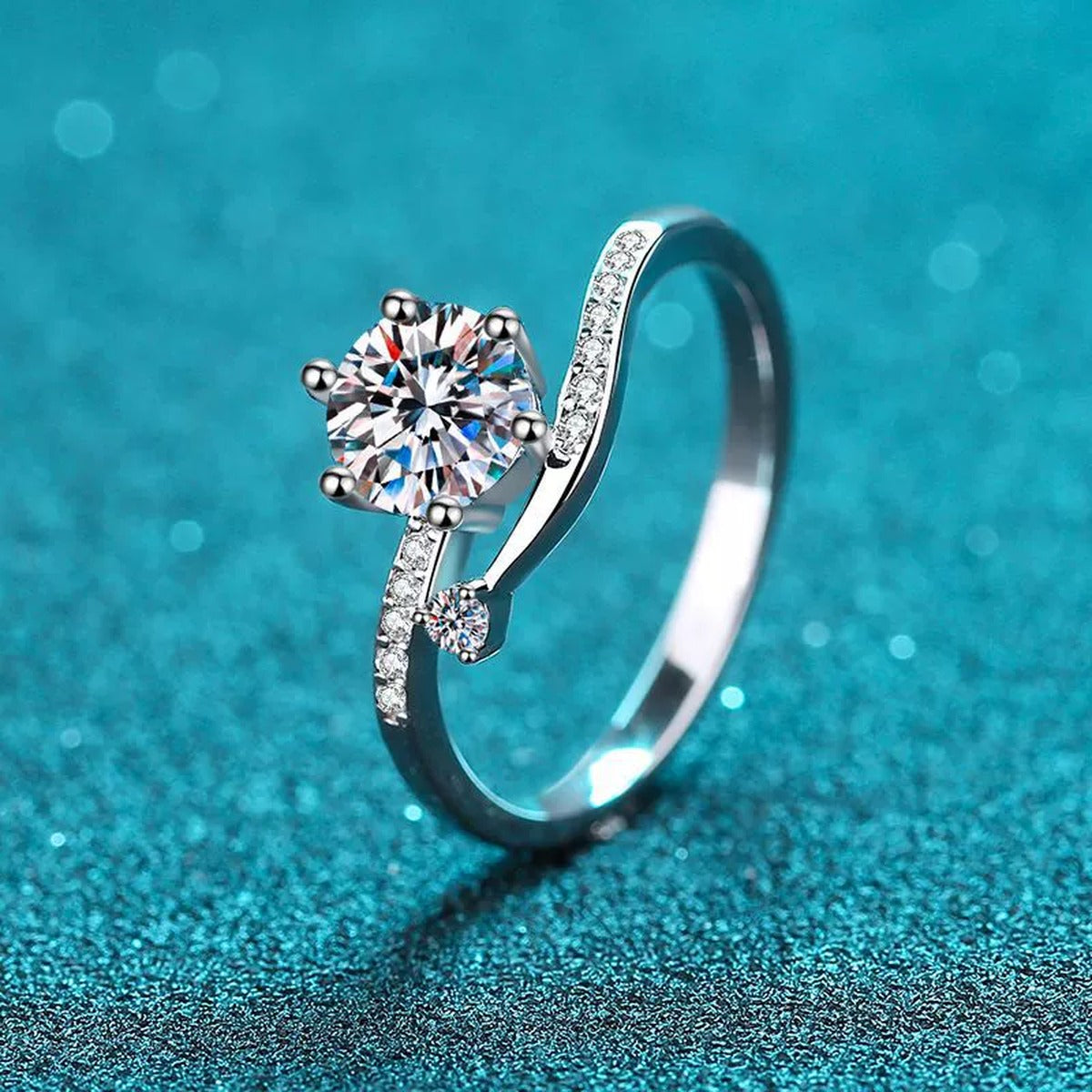 Round Moissanite Side Stone Ring with CZ product view showing moissanite setting and rhodium finish