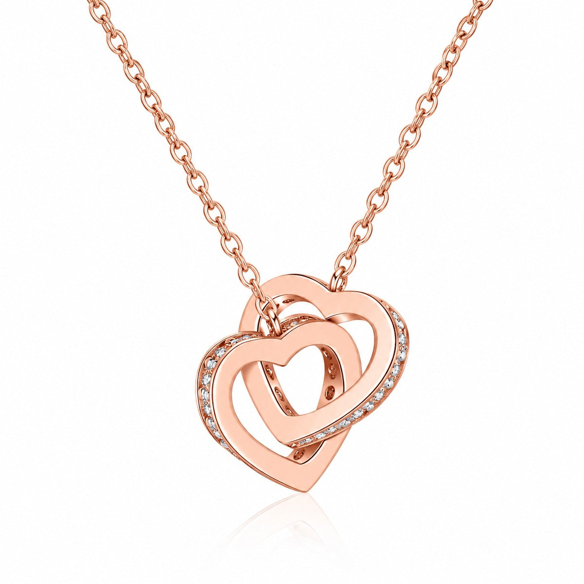 Linked Heart Moissanite Pendant Necklace in Rhodium and Rose Gold-Plated S925 sterling silver product scene view showing pendant detail