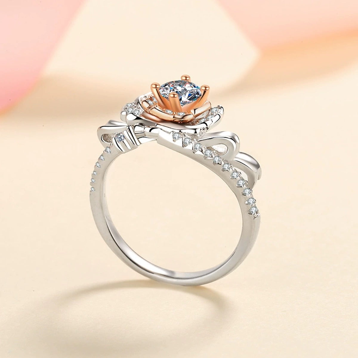 Floral Moissanite Ring with CZ worn on hand to show scale and ring profile