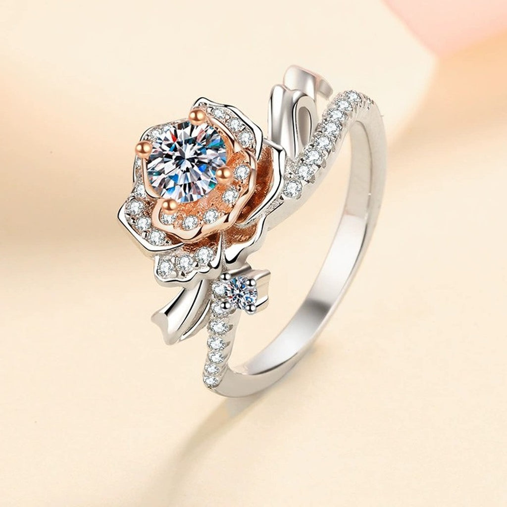 Floral Moissanite Ring with CZ worn on hand to show scale and ring profile