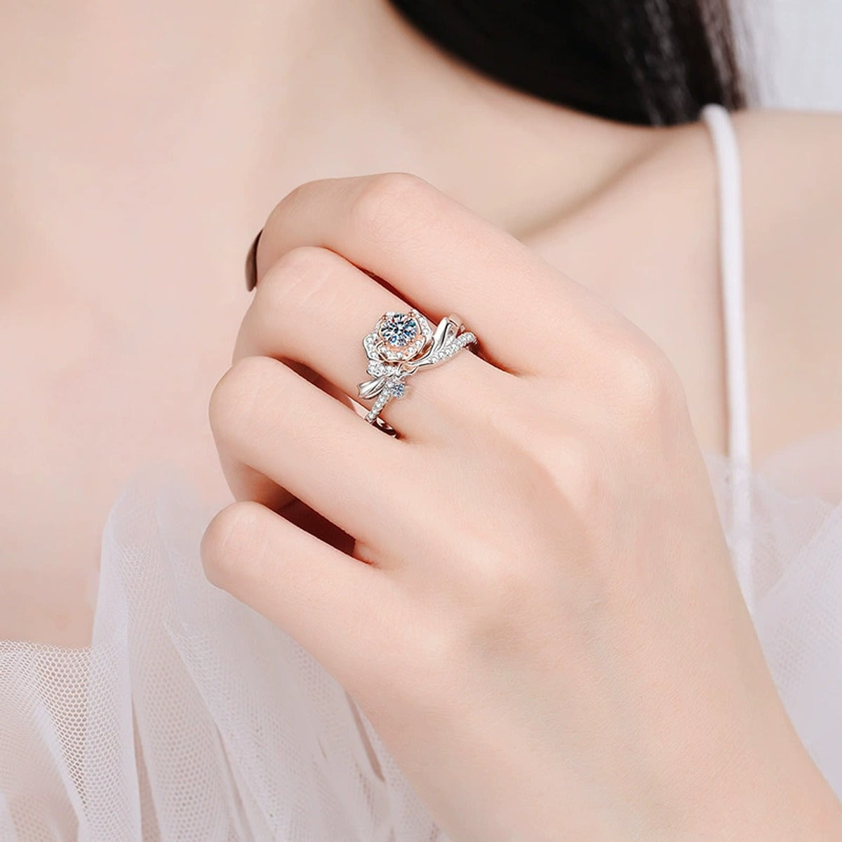 Floral Moissanite Ring with CZ worn on hand to show scale and ring profile