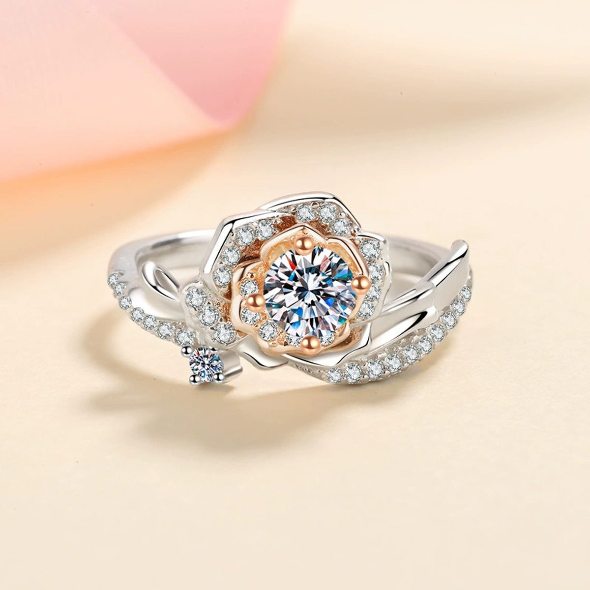 Floral Moissanite Ring with CZ worn on hand to show scale and ring profile