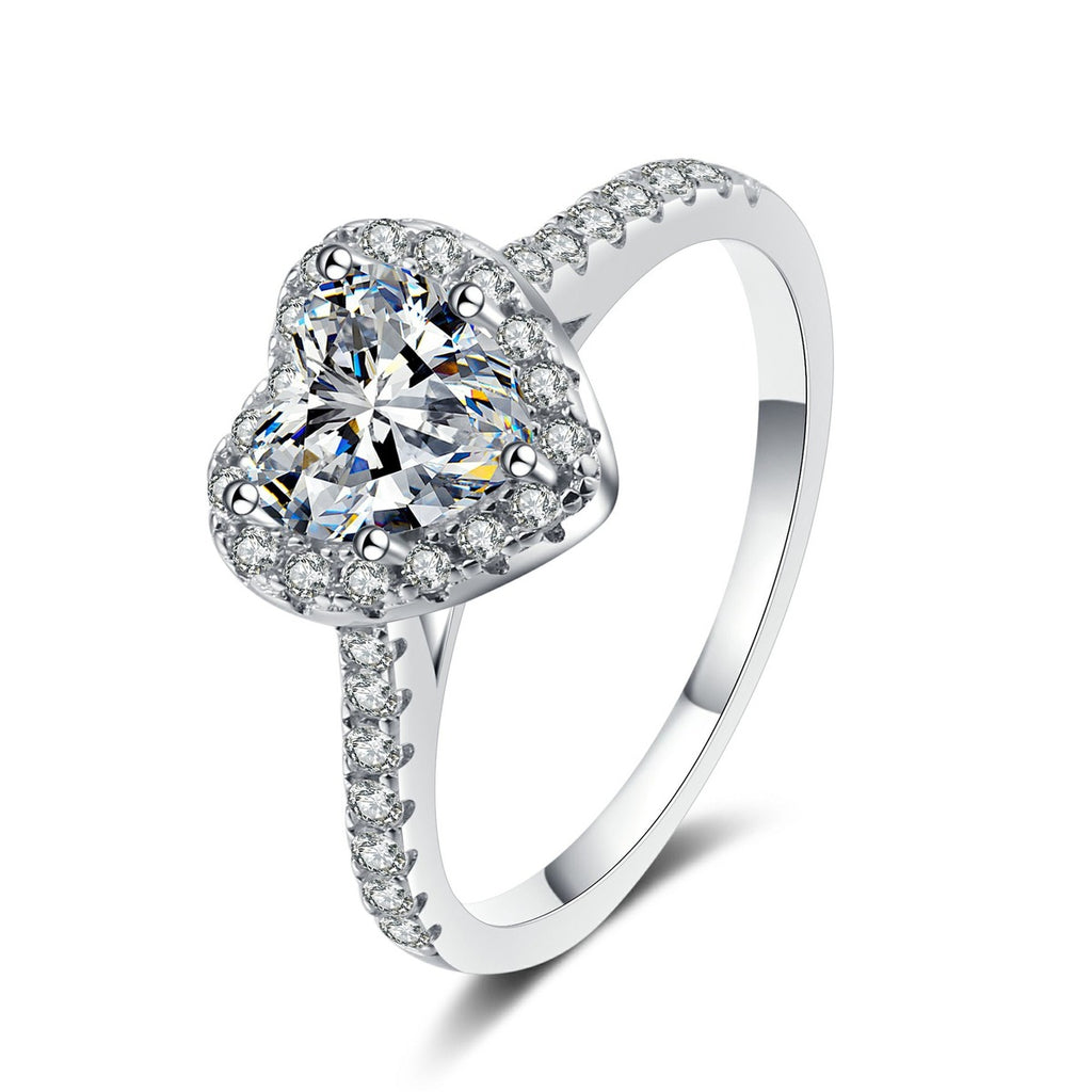Heart Cut Moissanite Ring with CZ in rhodium-plated S925 sterling silver on clean white background