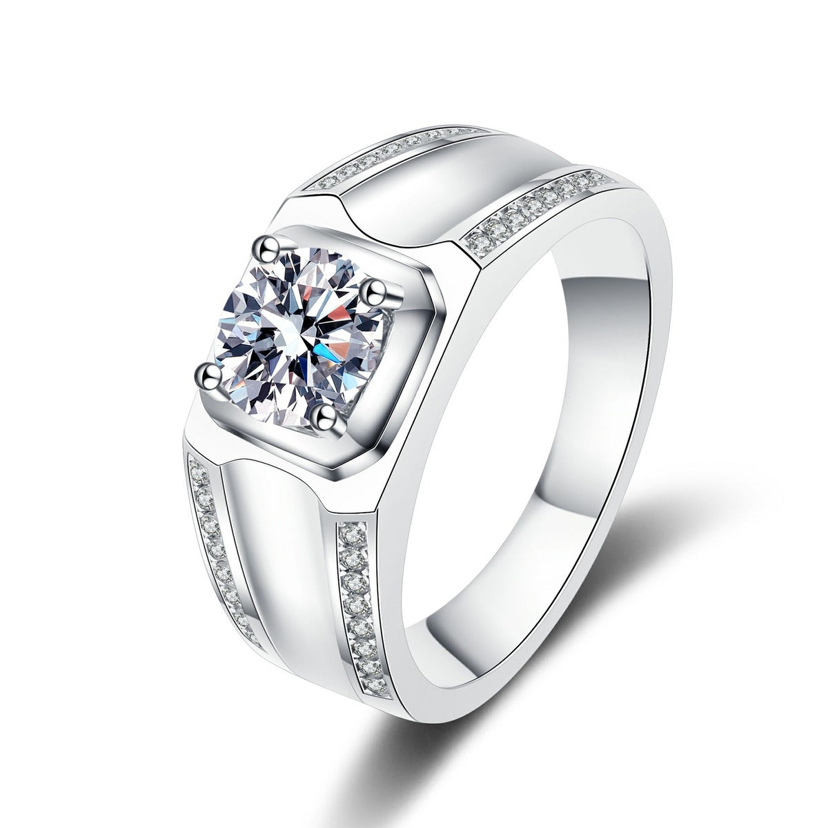 Men's Round Moissanite Ring with CZ in rhodium-plated S925 sterling silver on clean white background