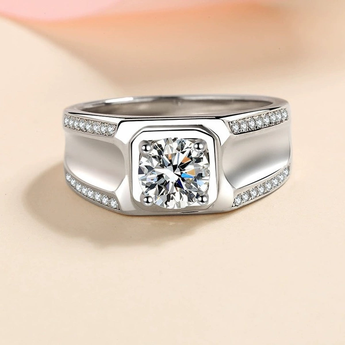 Men's Round Moissanite Ring with CZ worn on hand to show scale and ring profile