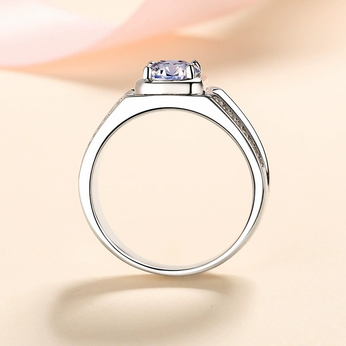 Men's Round Moissanite Ring with CZ worn on hand to show scale and ring profile