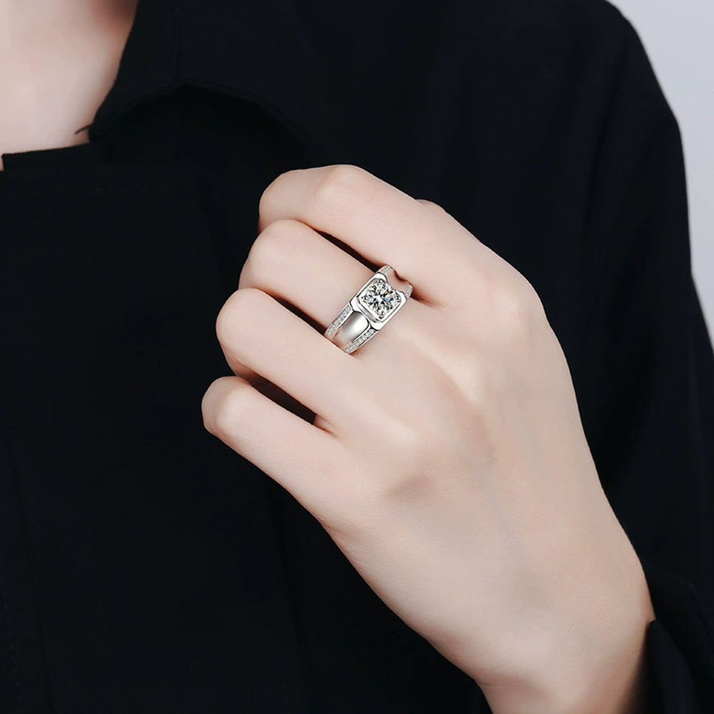 Men's Round Moissanite Ring with CZ worn on hand to show scale and ring profile