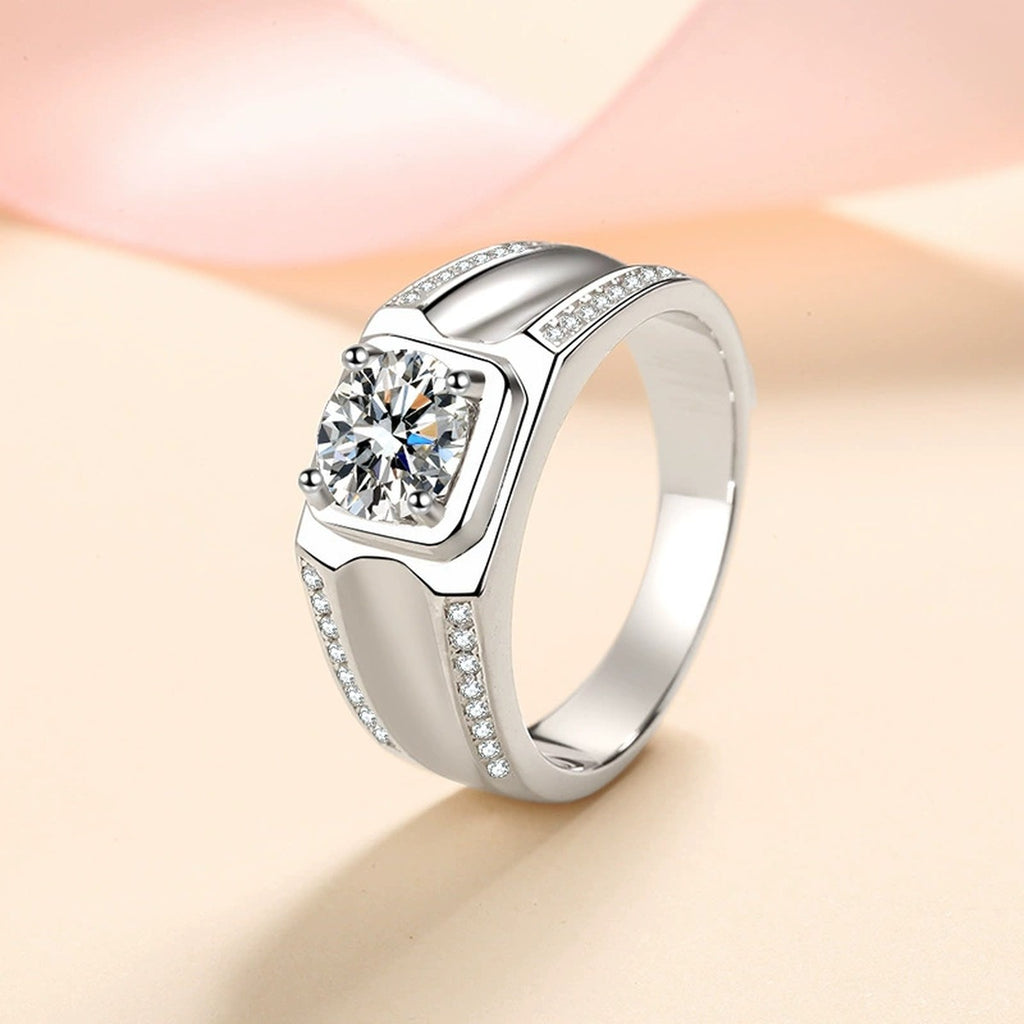 Men's Round Moissanite Ring with CZ worn on hand to show scale and ring profile