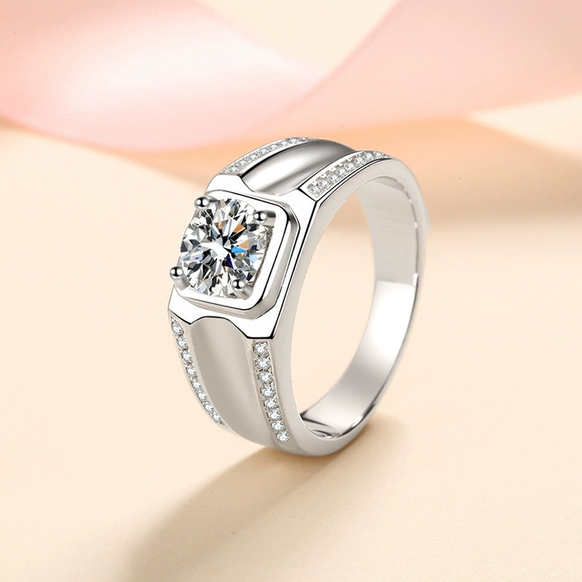 Men's Round Moissanite Ring with CZ worn on hand to show scale and ring profile