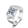 Men's Square Moissanite Ring with CZ in rhodium-plated S925 sterling silver on clean white background