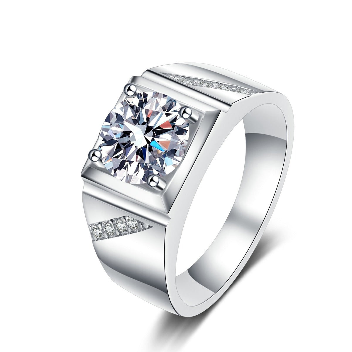 Men's Square Moissanite Ring with CZ in rhodium-plated S925 sterling silver on clean white background