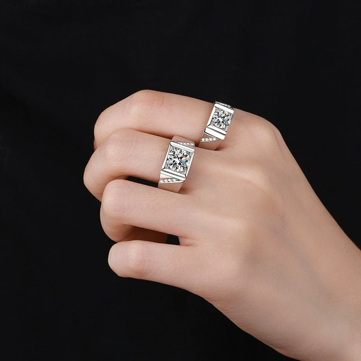 Men's Square Moissanite Ring with CZ worn on hand to show scale and ring profile