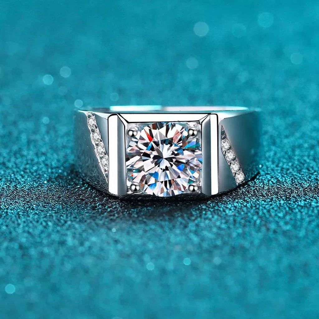 Men's Square Moissanite Ring with CZ product view showing moissanite setting and rhodium finish
