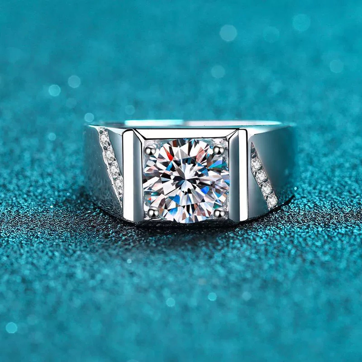 Men's Square Moissanite Ring with CZ product view showing moissanite setting and rhodium finish