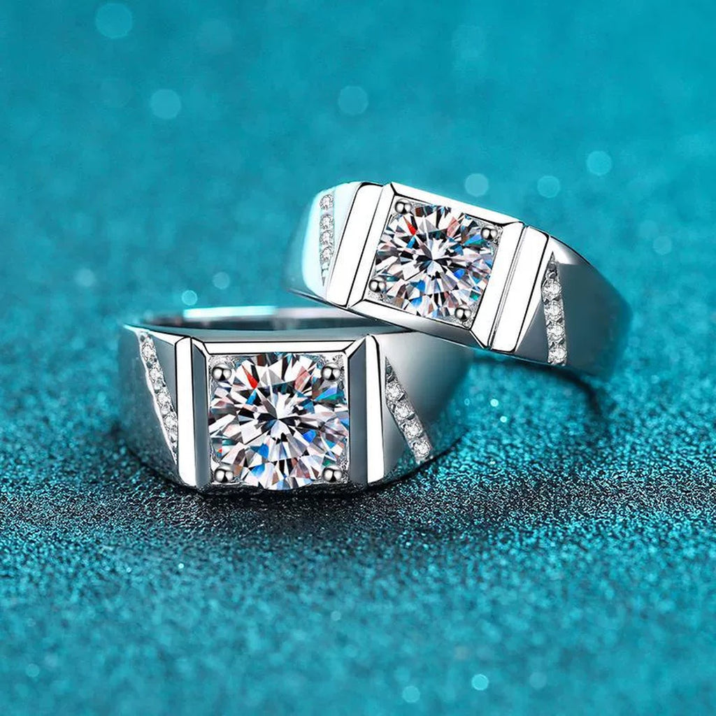 Men's Square Moissanite Ring with CZ product view showing moissanite setting and rhodium finish