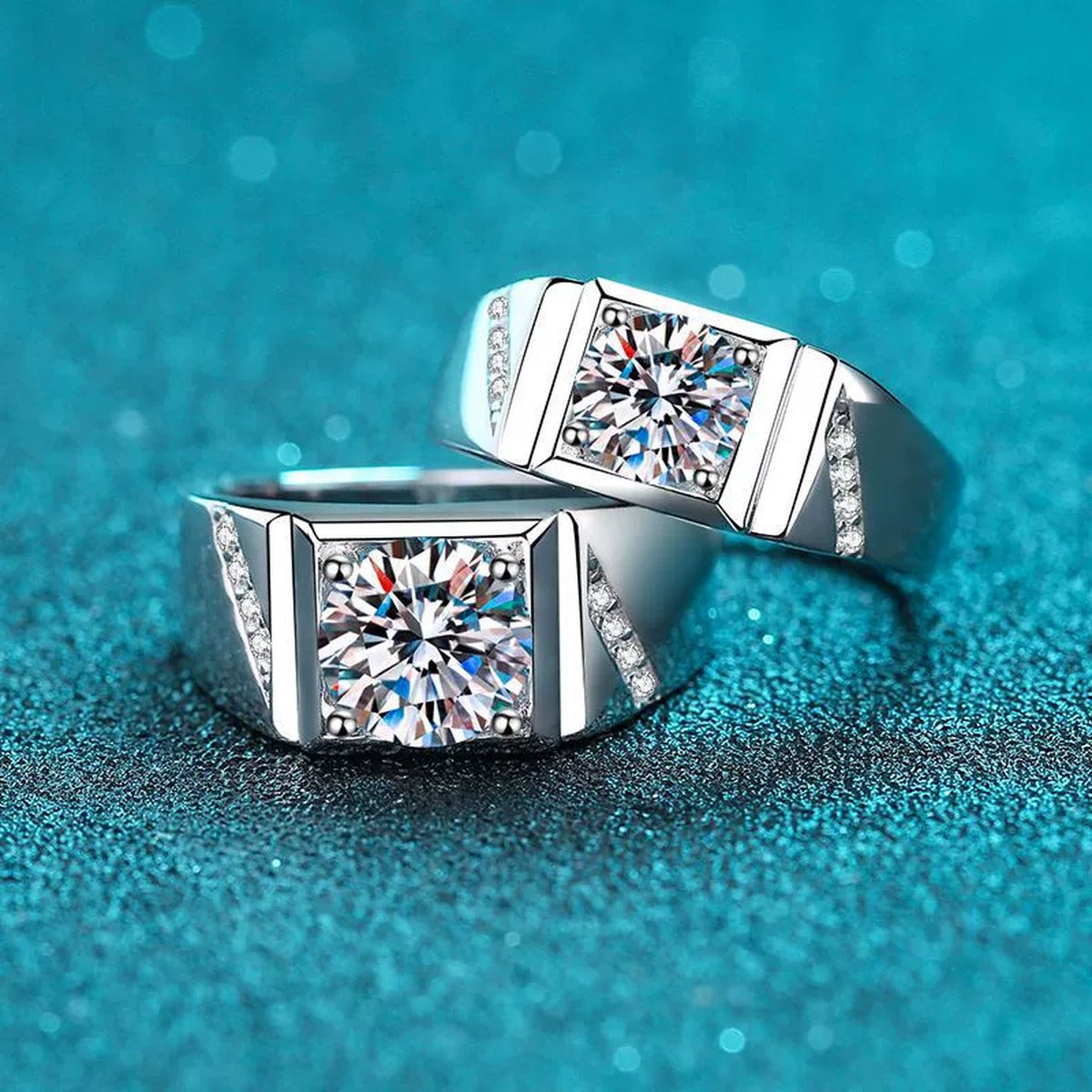 Men's Square Moissanite Ring with CZ product view showing moissanite setting and rhodium finish