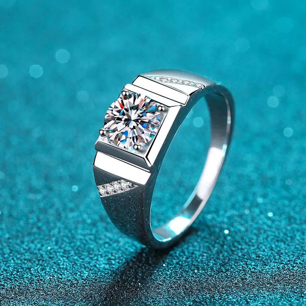 Men's Square Moissanite Ring with CZ product view showing moissanite setting and rhodium finish