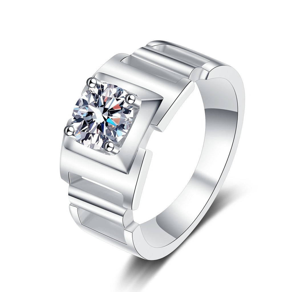 Men's Round Moissanite Ring in rhodium-plated S925 sterling silver on clean white background