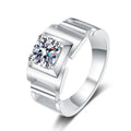 Men's Round Moissanite Ring in rhodium-plated S925 sterling silver on clean white background
