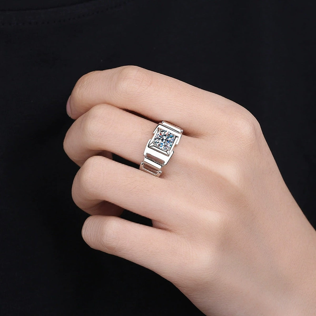 Men's Round Moissanite Ring worn on hand to show scale and ring profile