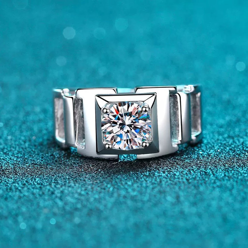 Men's Round Moissanite Ring product view showing moissanite setting and rhodium finish