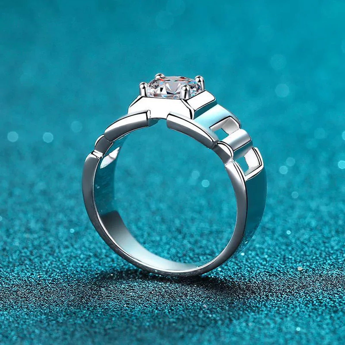Men's Round Moissanite Ring product view showing moissanite setting and rhodium finish