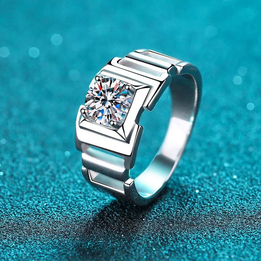 Men's Round Moissanite Ring product view showing moissanite setting and rhodium finish