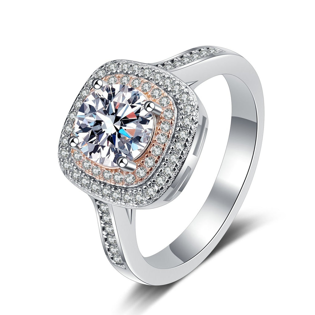 Pink Halo Moissanite Ring with CZ in rhodium-plated S925 sterling silver on clean white background