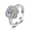 Pink Halo Moissanite Ring with CZ in rhodium-plated S925 sterling silver on clean white background