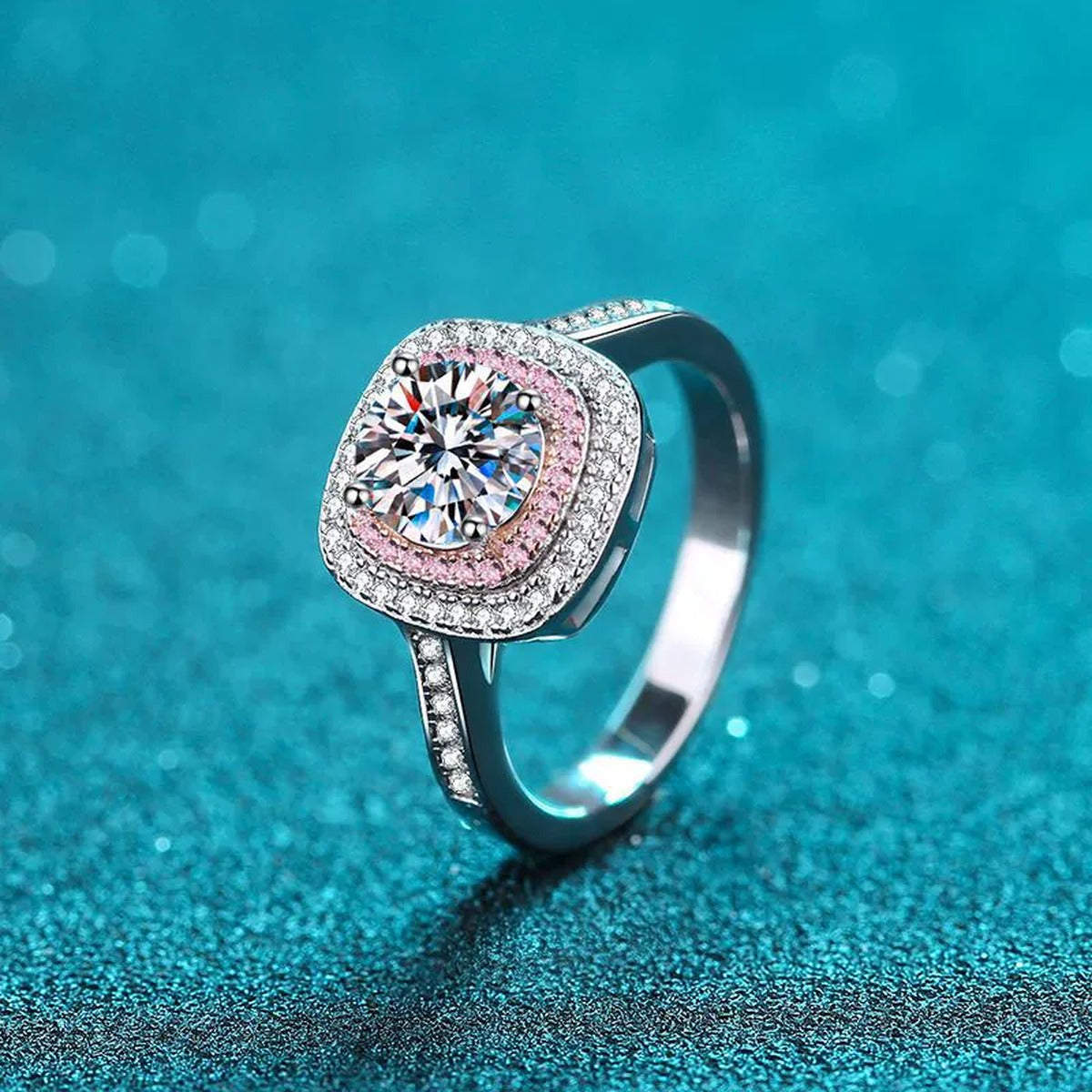 Pink Halo Moissanite Ring with CZ product view showing moissanite setting and rhodium finish