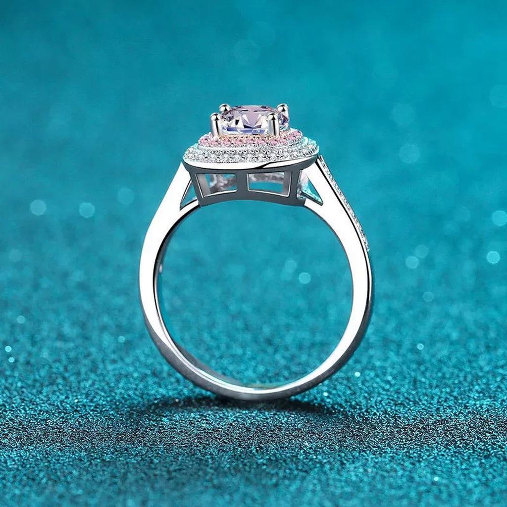 Pink Halo Moissanite Ring with CZ product view showing moissanite setting and rhodium finish