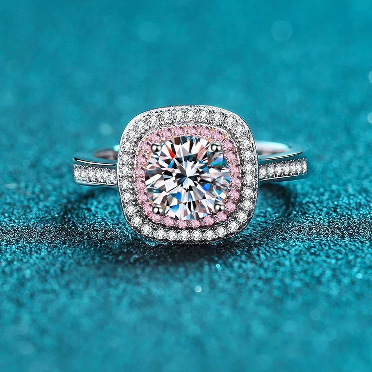 Pink Halo Moissanite Ring with CZ product view showing moissanite setting and rhodium finish