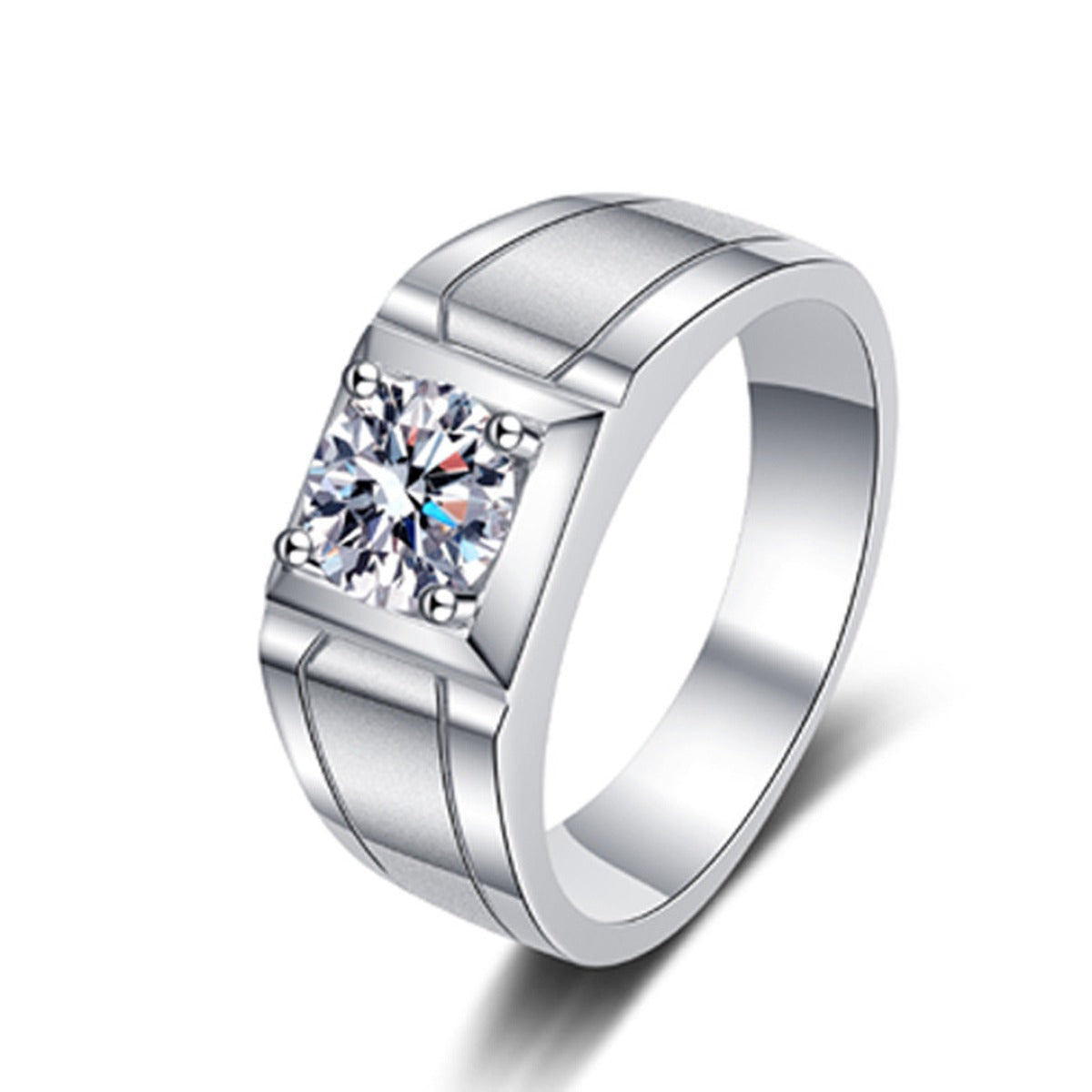Men's Square Moissanite Ring in rhodium-plated S925 sterling silver on clean white background