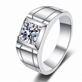 Men's Moissanite Band Ring in Rhodium-Plated S925 Sterling Silver clean white background product photo showing the ring silhouette and moissanite setting