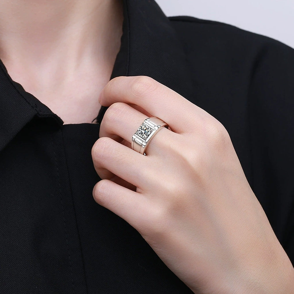 Men's Square Moissanite Ring worn on hand to show scale and ring profile